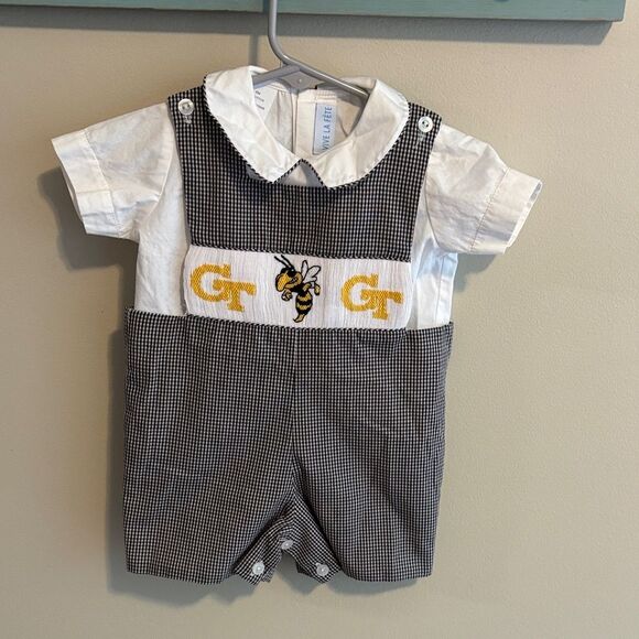 Vive La Fête Georgia tech baby boy smocked shortalls with undershirt 6 months